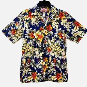 RJC Hawaiian Short Sleeve Shirt Navy Blue W/Hibiscus & Parrots Size Small